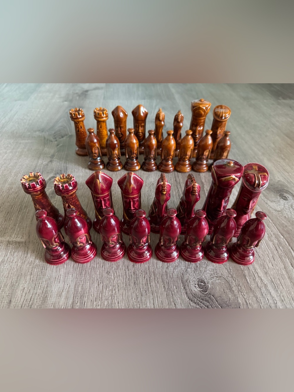 Vintage Duncan Style Ceramic Chess Set Burgundy & Amber Pieces